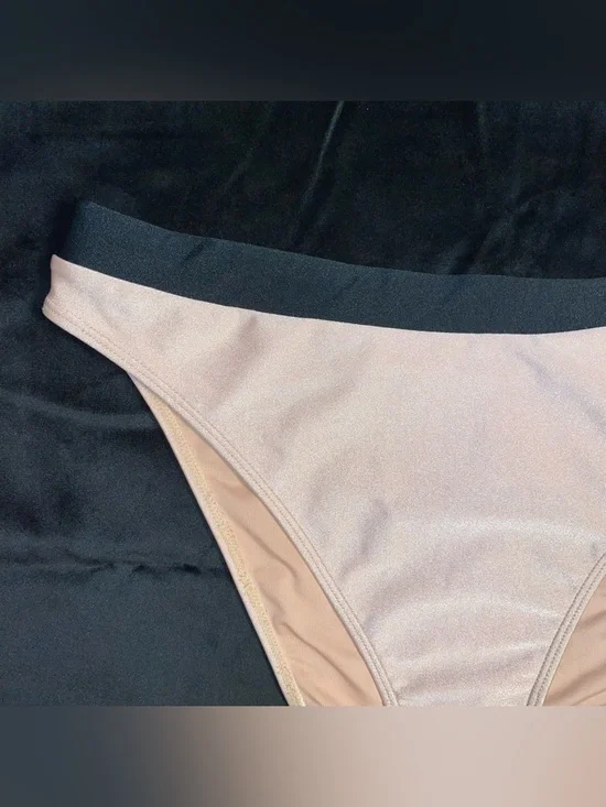 High Waisted Blush Pink Bikini Bottoms with Black Waistband - Picture 4 of 4